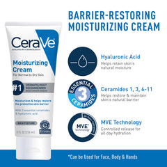 CeraVe ceramides and hyaluronic acid ingredients graphic explains barrier support and moisture.