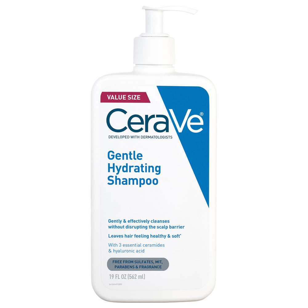 Cerave Champú Hidratante sin sulfatos en botella, limpieza suave para el cuero cabelludo.