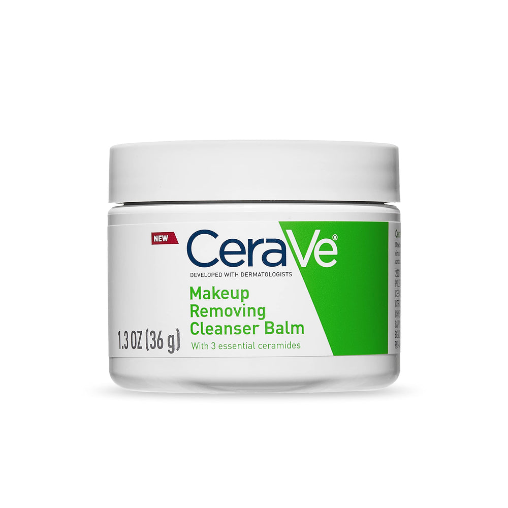 Bálsamo desmaquillante CeraVe en botella, elimina maquillaje resistente sin residuo graso.