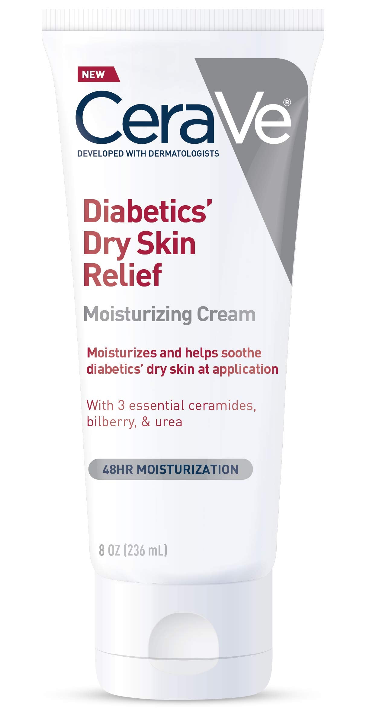 CeraVe Diabetics' Dry Skin Cream bottle showing non-greasy hydration.