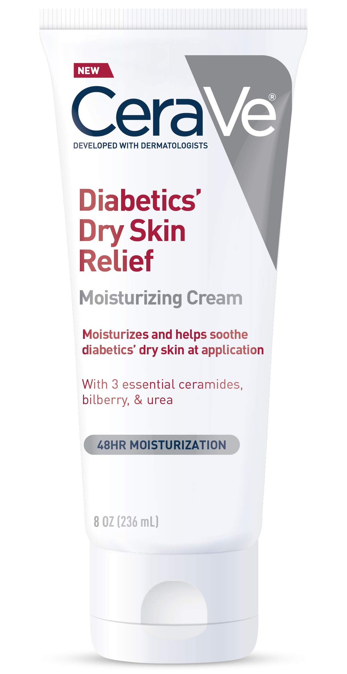 CeraVe Diabetics' Dry Skin Cream bottle showing non-greasy hydration.