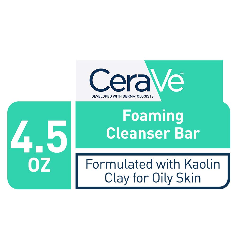 CeraVe Foaming Cleanser Bar close-up shows oil-absorbing clay in action.