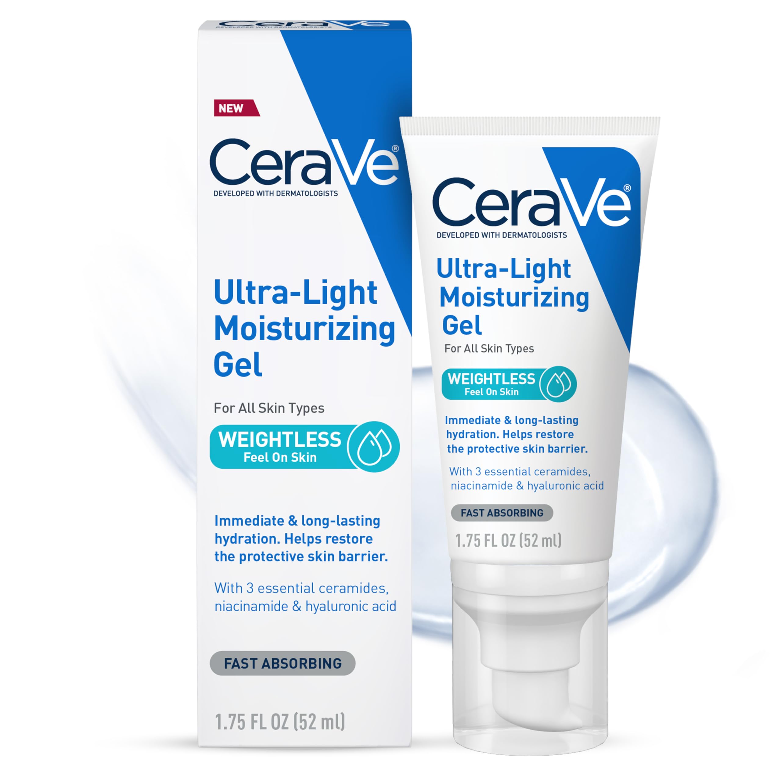CeraVe gel hidratante ultraligero para rostro, absorción rápida y sensación fresca.