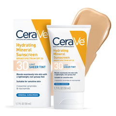 CeraVe protector solar mineral hidratante, botella visible, brinda brillo natural y protección ultravioleta