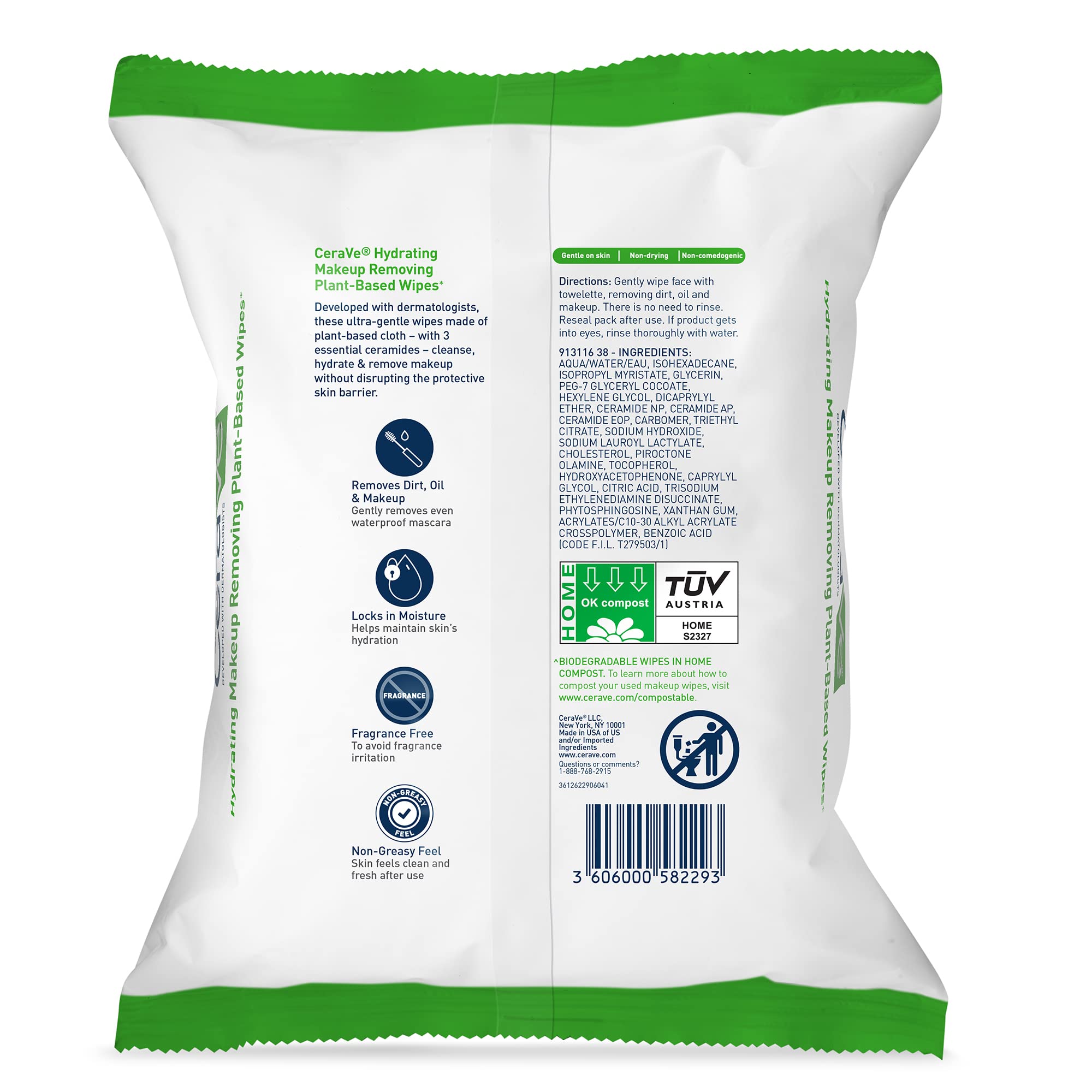 Toallitas CeraVe basadas en planta, textura suave para piel sensible.