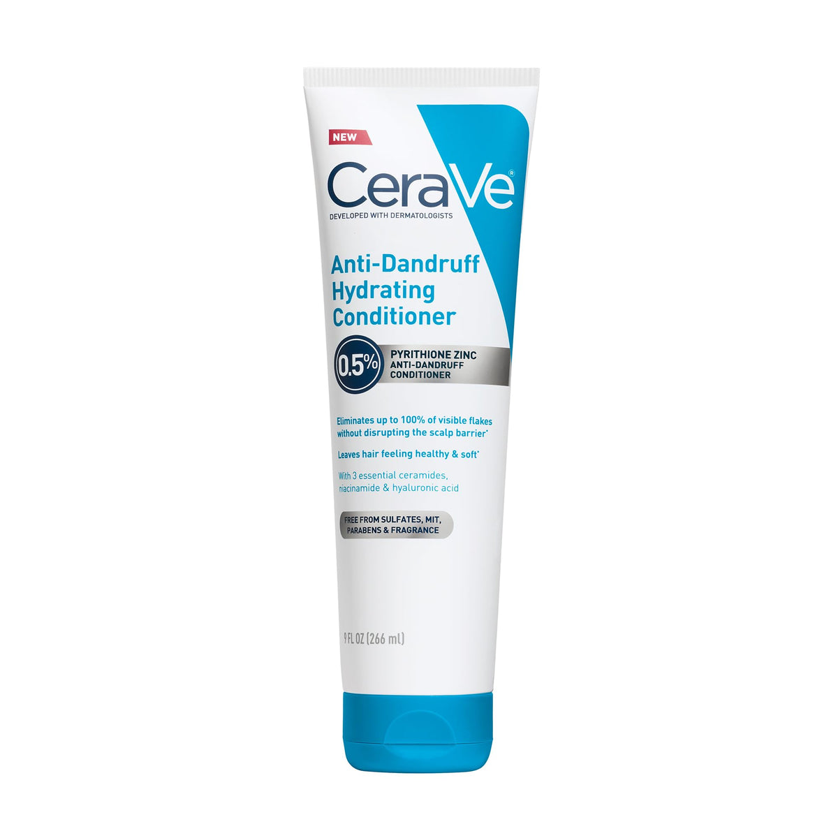 CeraVe Hydrating Anti-Dandruff Conditioner bottle front shows flakes-reduction potential.