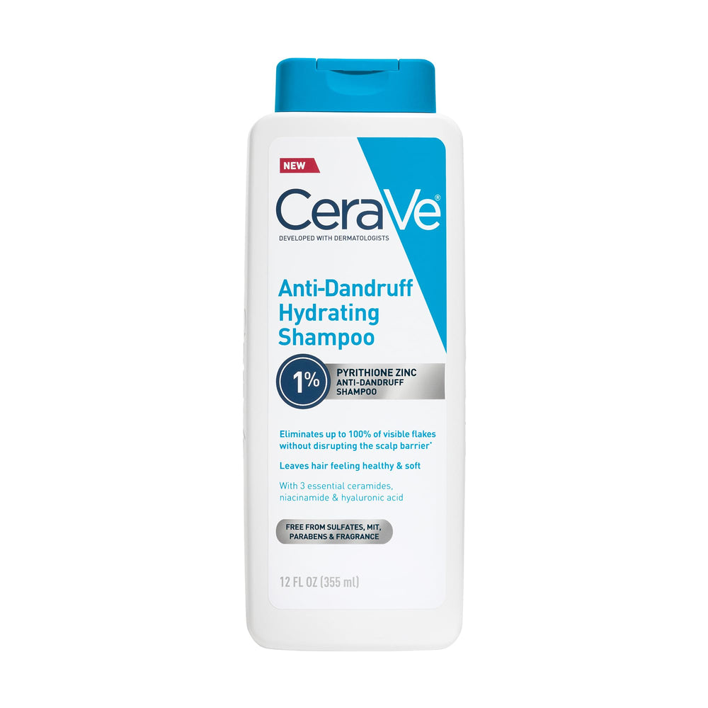 CeraVe Hydrating Anti Dandruff Shampoo bottle pouring to soothe flake-prone scalp