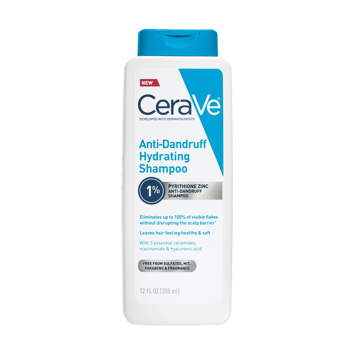 CeraVe Hydrating Anti Dandruff Shampoo bottle pouring to soothe flake-prone scalp