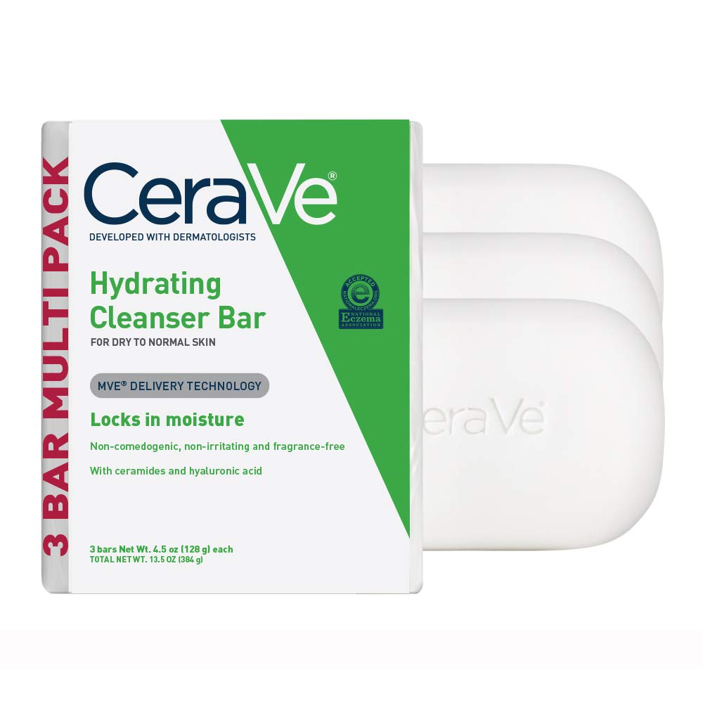 CeraVe Hydrating Cleanser Bar packaging close-up, fragrance-free for sensitive skin