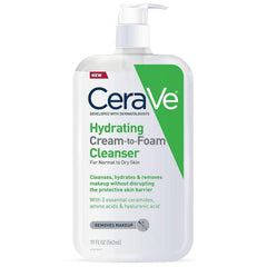CeraVe Hydrating Cream-to-Foam Cleanser bottle shows fragrance-free formula for dry skin.