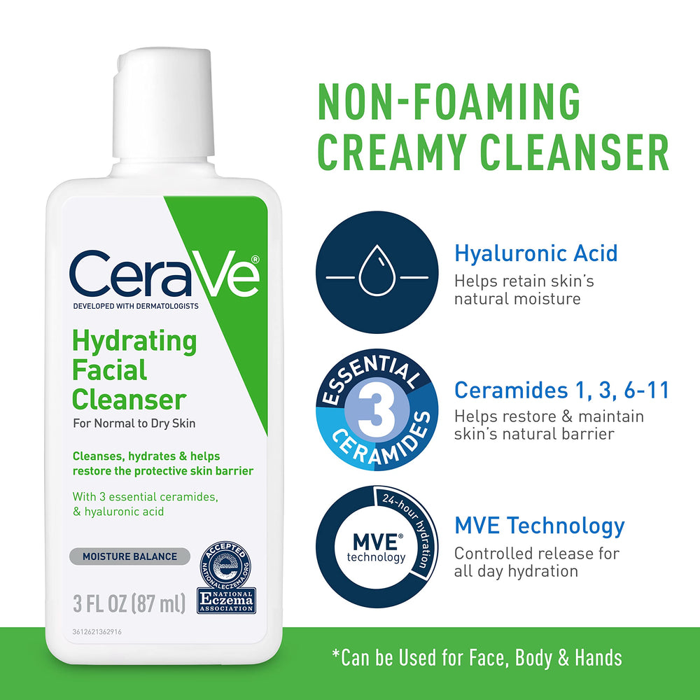 CeraVe Hydrating Facial Cleanser pump cleanses gently without stripping moisture.