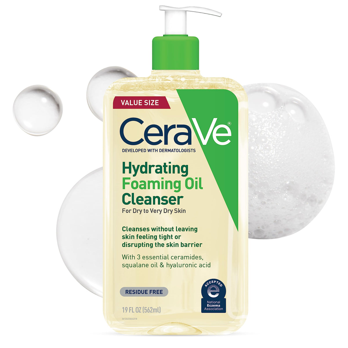Cerave Hydrating Foaming Oil Cleanser bottle pour for gentle cleansing of dry skin