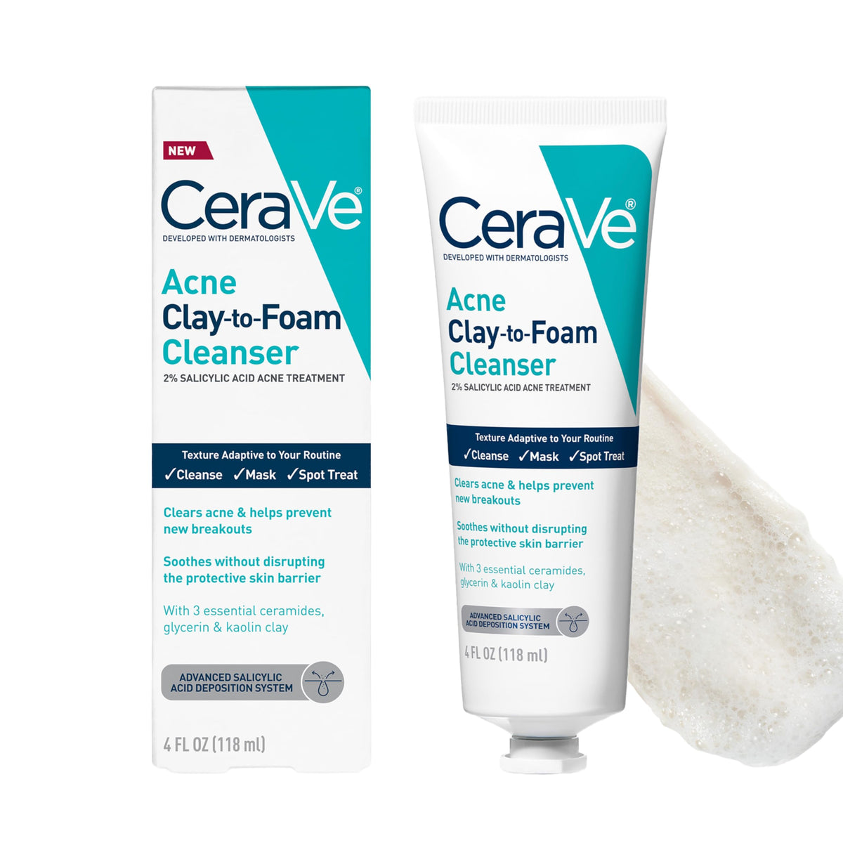 CeraVe limpiador acne-arcilla-espuma-4oz para limpieza facial suave.