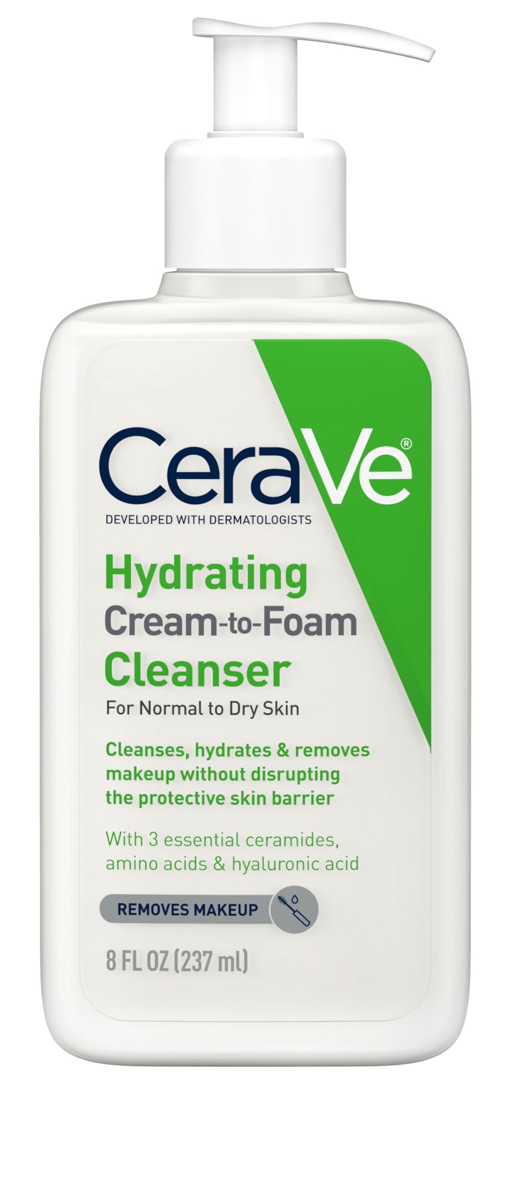 CeraVe limpiador crema-espuma en botella, limpieza suave y hidratación sostenida.