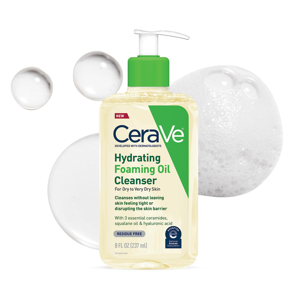 Cerave limpiador espumoso con aceite en botella, limpia suavemente sin resecar la piel.
