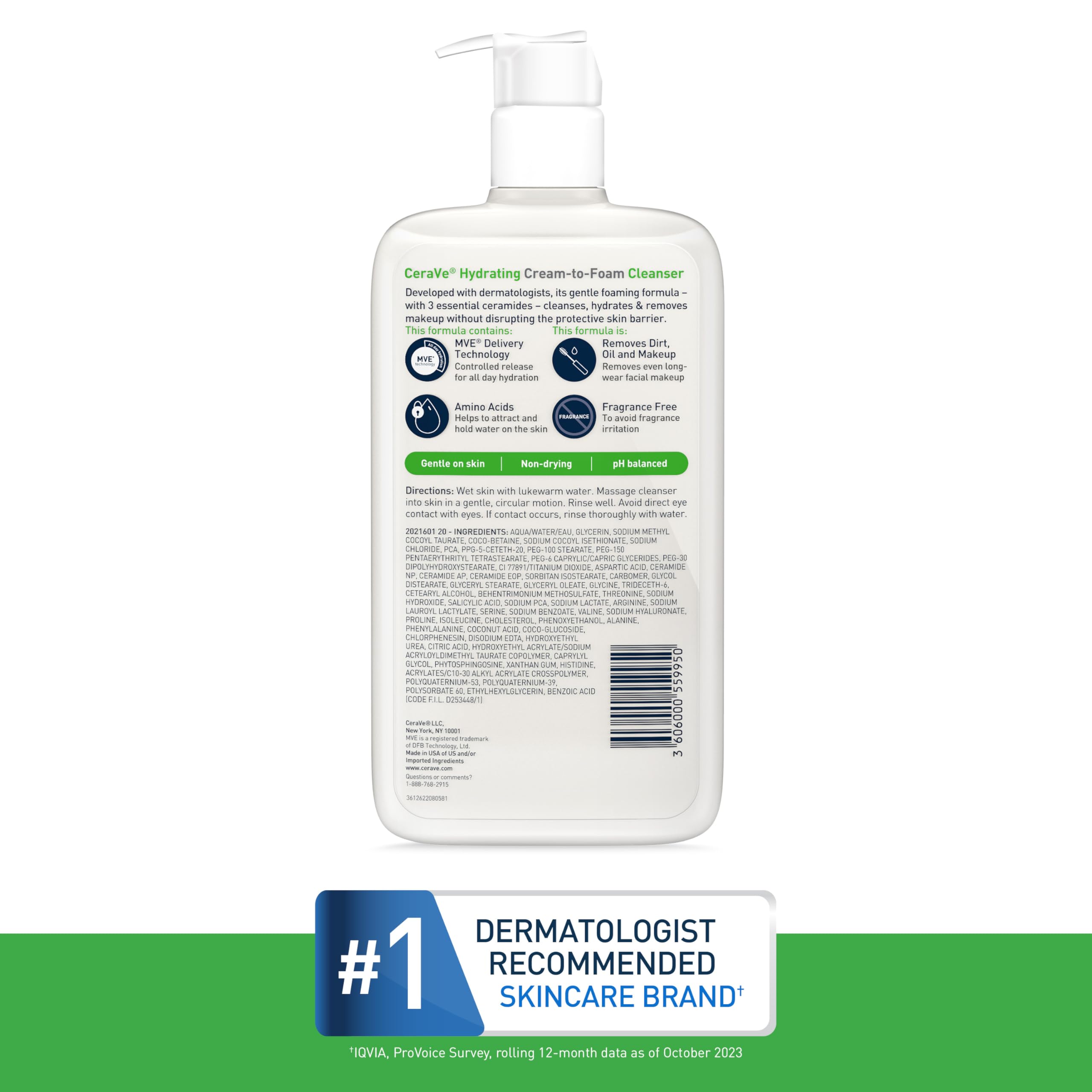 Fragrance-free label on CeraVe Hydrating Cleanser packaging.