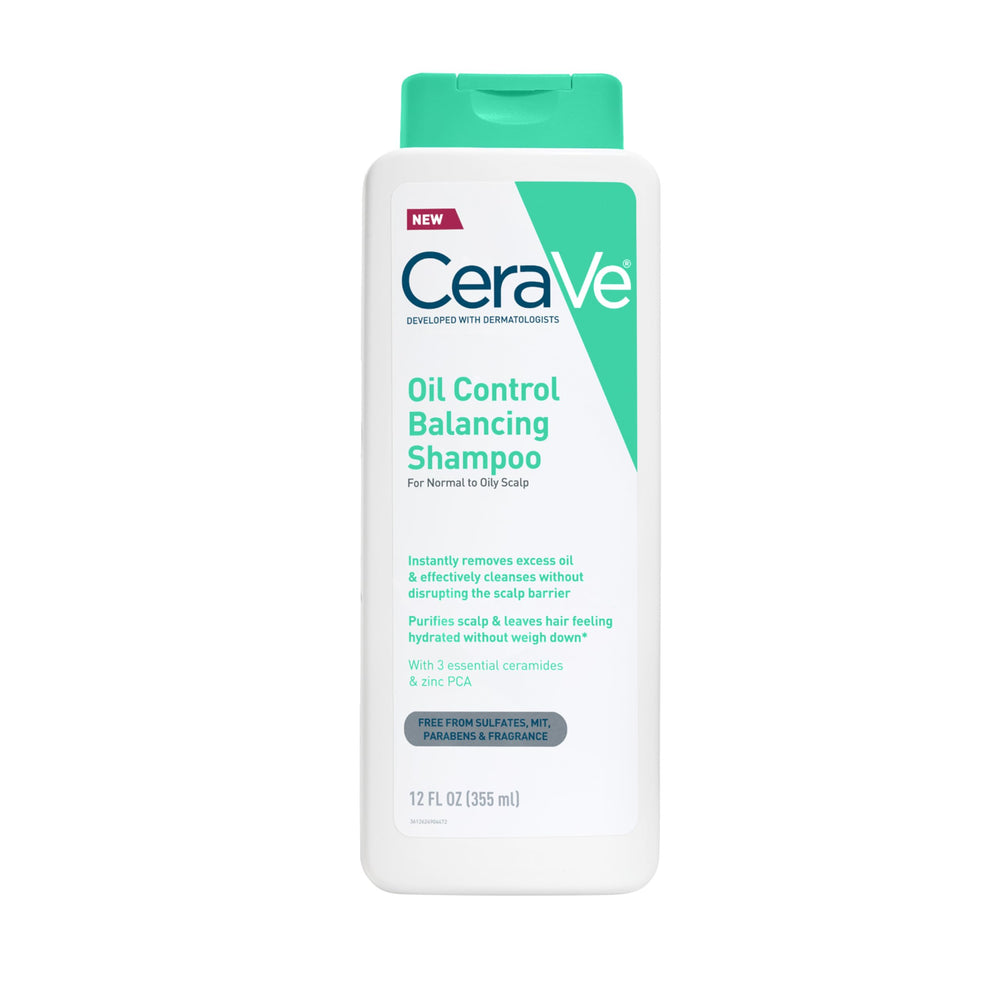 CeraVe Oil Control Balancing Shampoo bottle highlights oil-control benefits for refreshed roots.