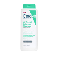 CeraVe Oil Control Balancing Shampoo bottle highlights oil-control benefits for refreshed roots.