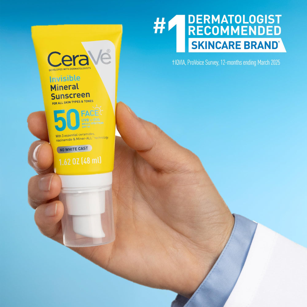 CeraVe protector solar mineral invisible con ceramidas, ayuda a la barrera cutánea.
