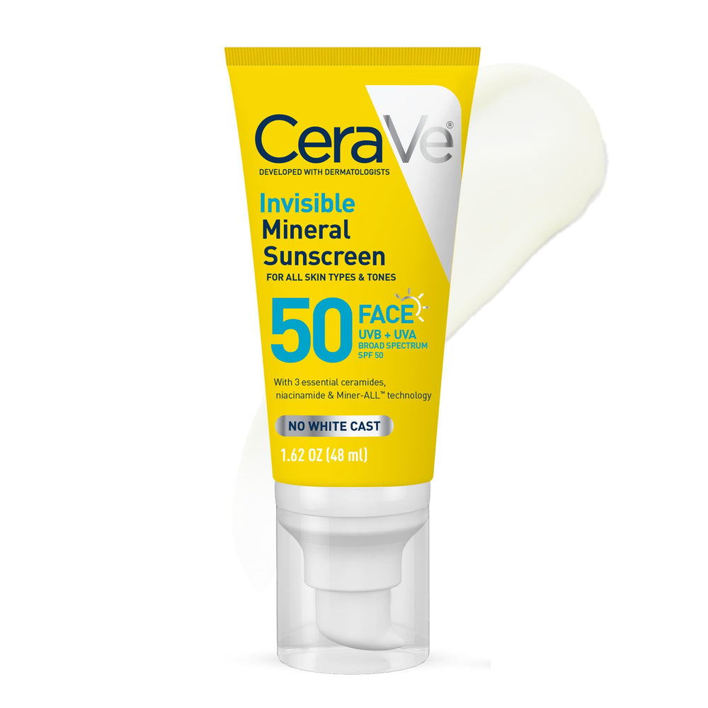 CeraVe protector solar mineral invisible frente, aplicación ligera y sin rastro.