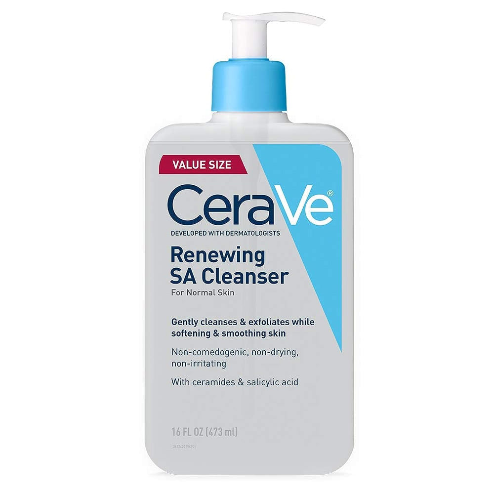 CeraVe Renewing SA Cleanser en botella, limpieza suave para piel sensible.