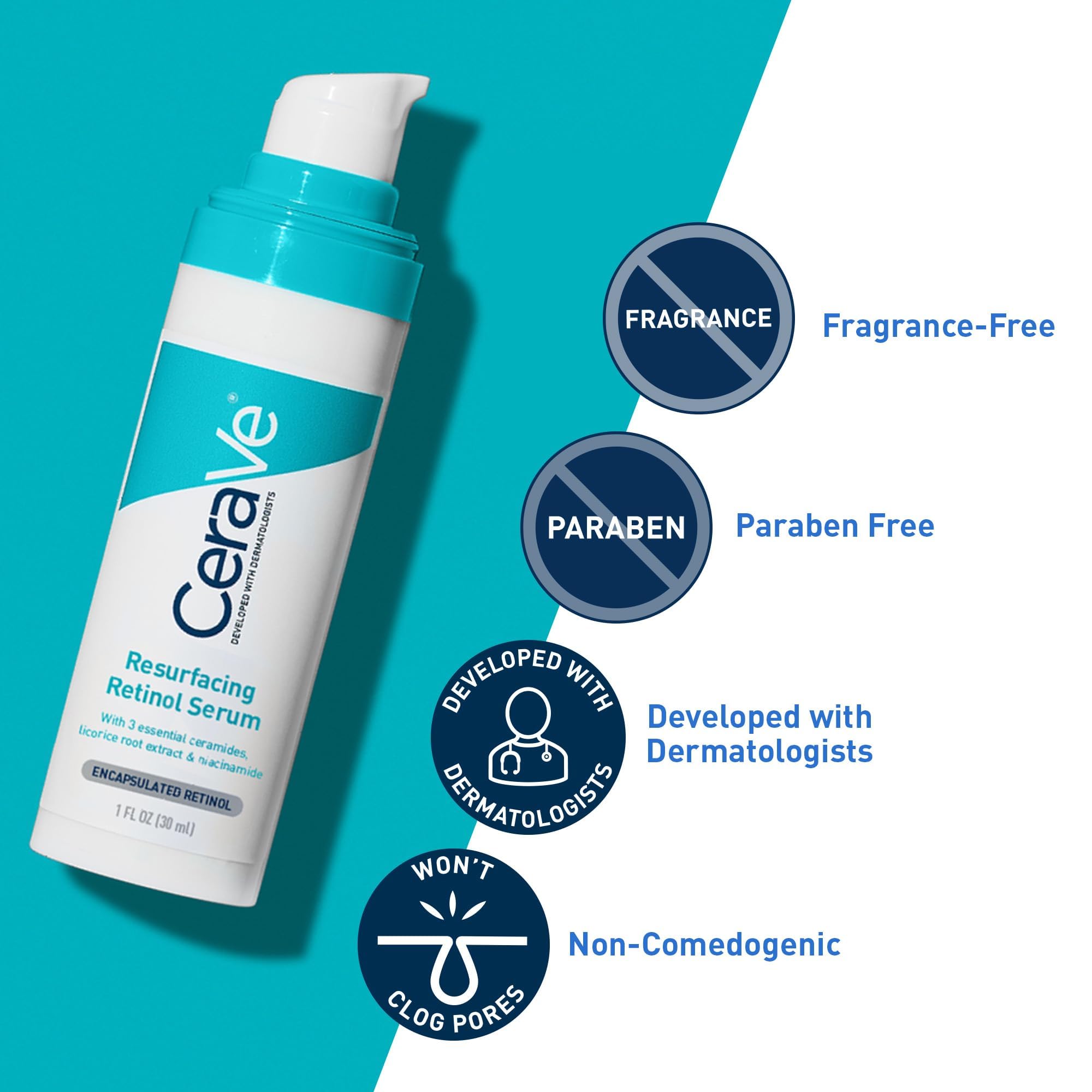 CeraVe Resurfacing Retinol Serum con ceramidas para fortalecer la barrera cutánea.