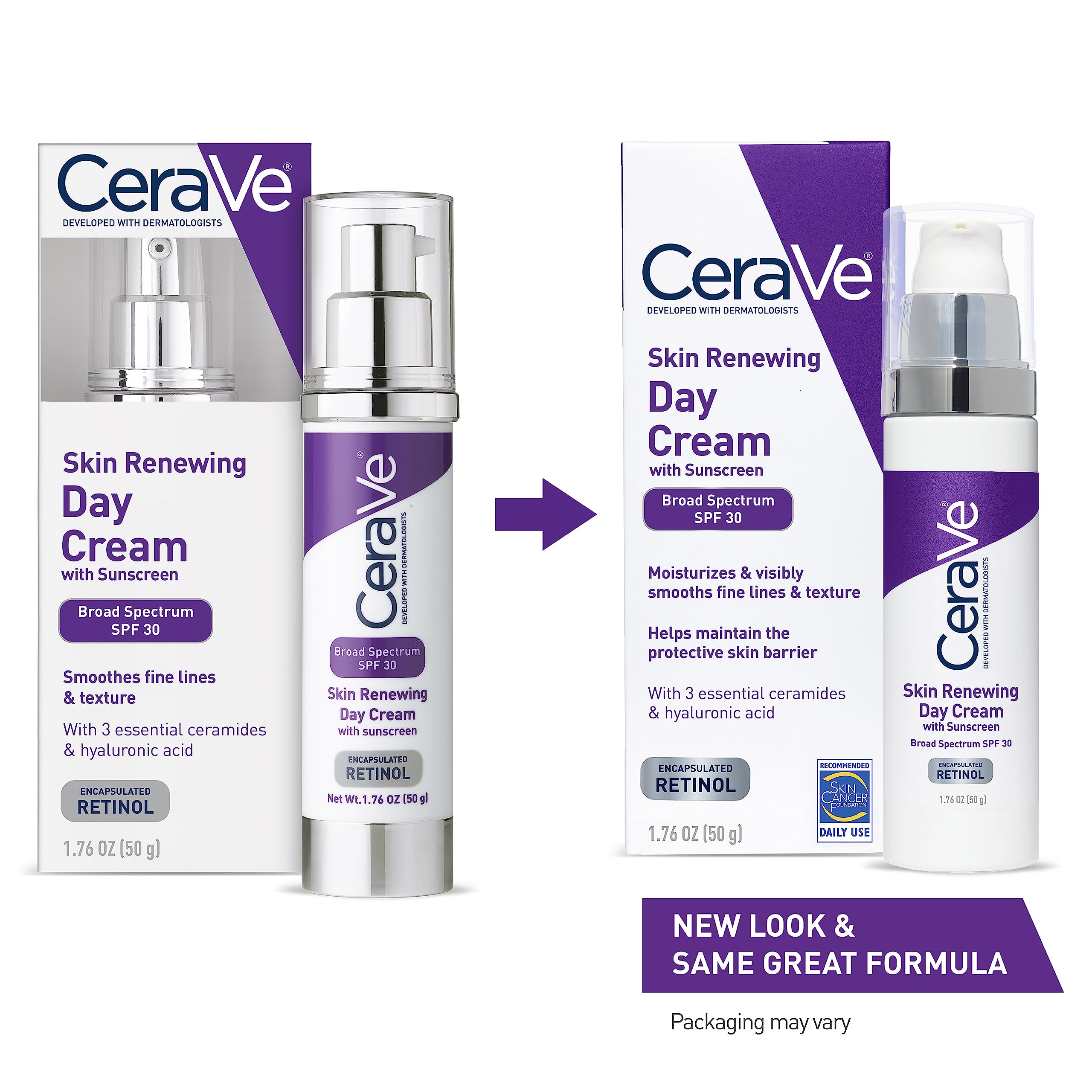 CeraVe Skin Renewing Day Cream SPF 30 pump-back showing encapsulated retinol for smoother texture