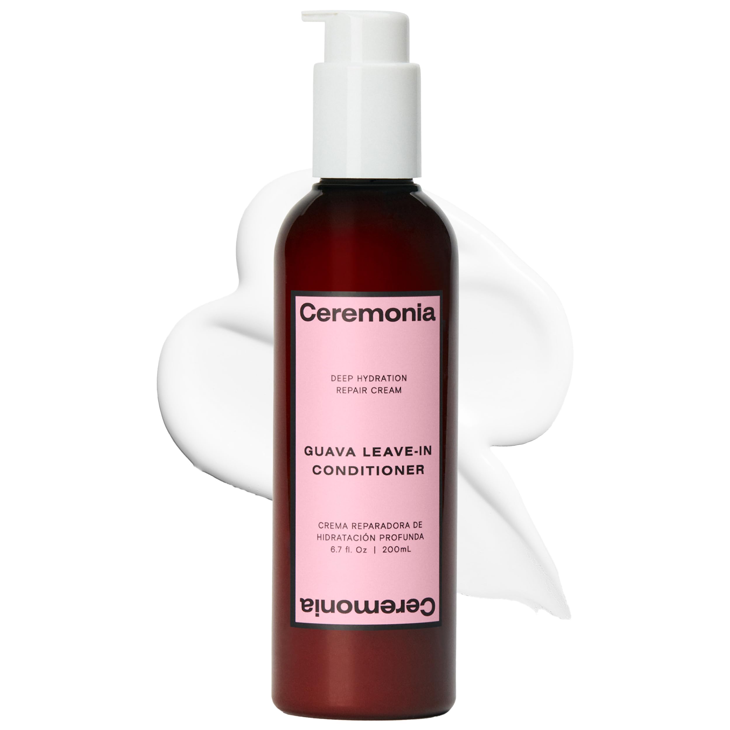 Ceremonia Guava Leave-In Conditioner bottle enhances hydration for dry hair.