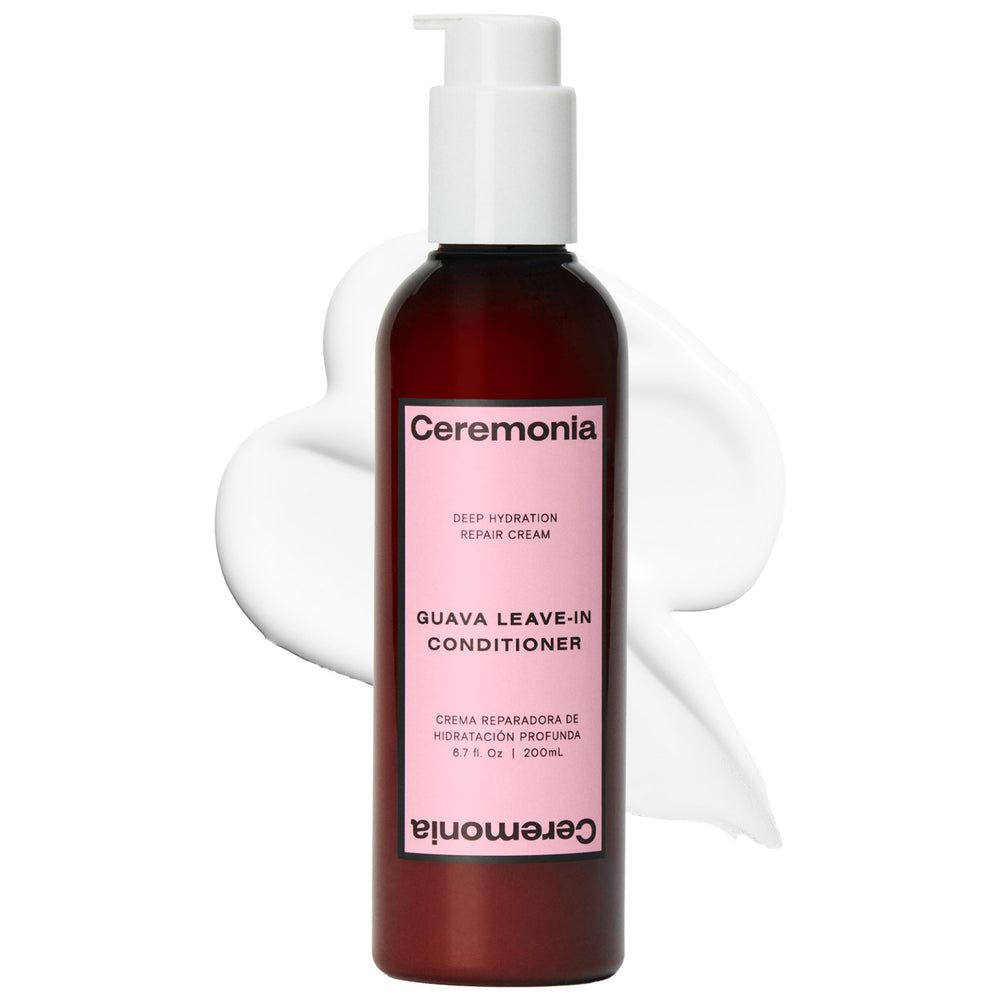 Ceremonia Guava Leave-In Conditioner bottle enhances hydration for dry hair.