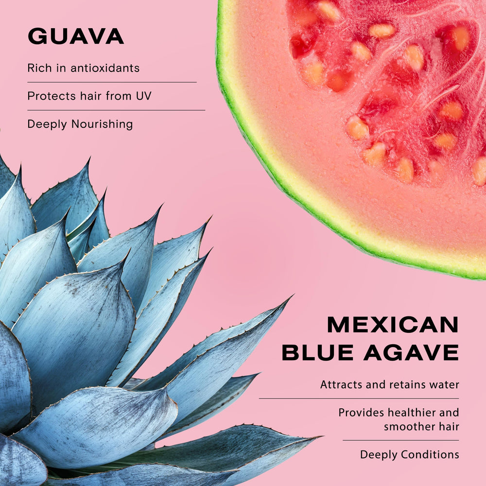 Ceremonia Guava Leave-In Conditioner applied on hair for added shine and softness.