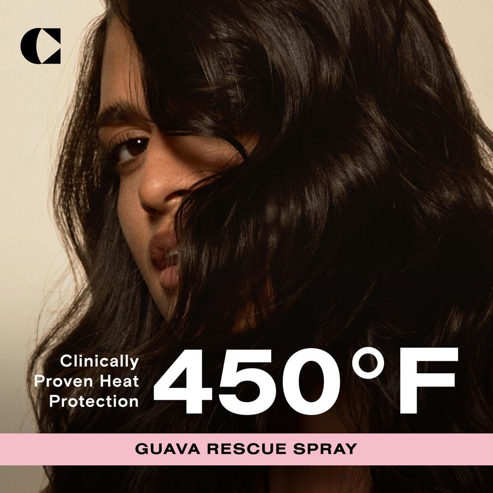 Ceremonia Guava Rescue Spray being applied on damp hair for detangling.