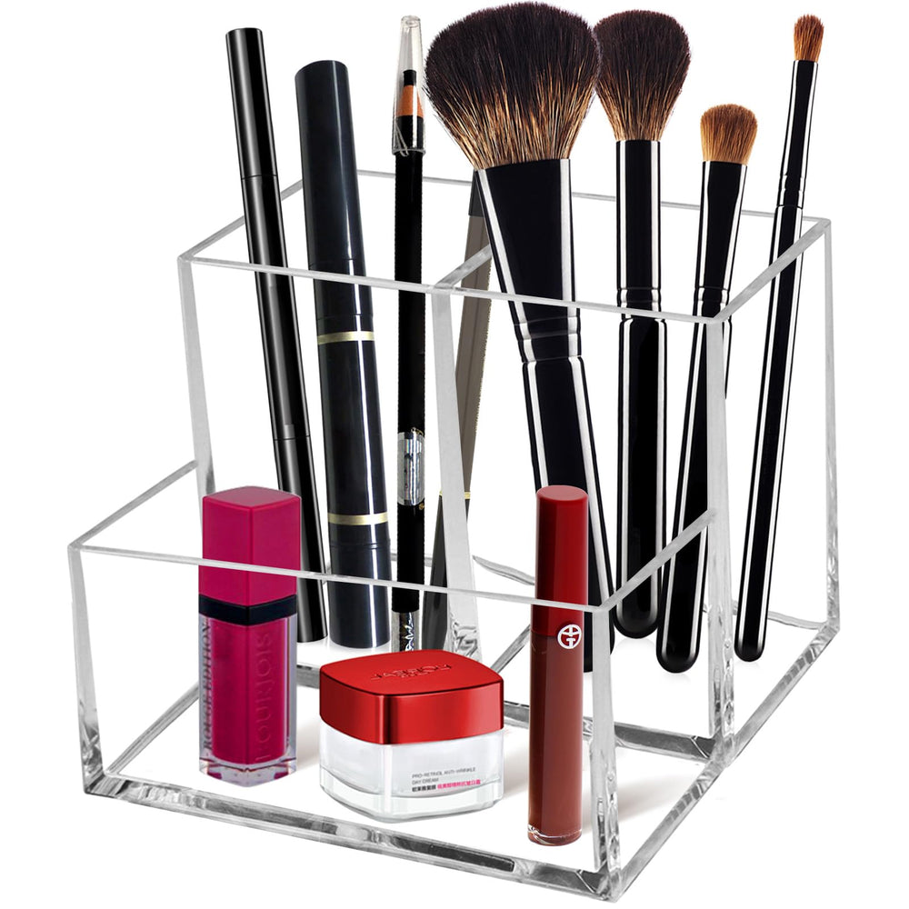 Cerpourt clear acrylic makeup brush organizer with three slots for easy access.