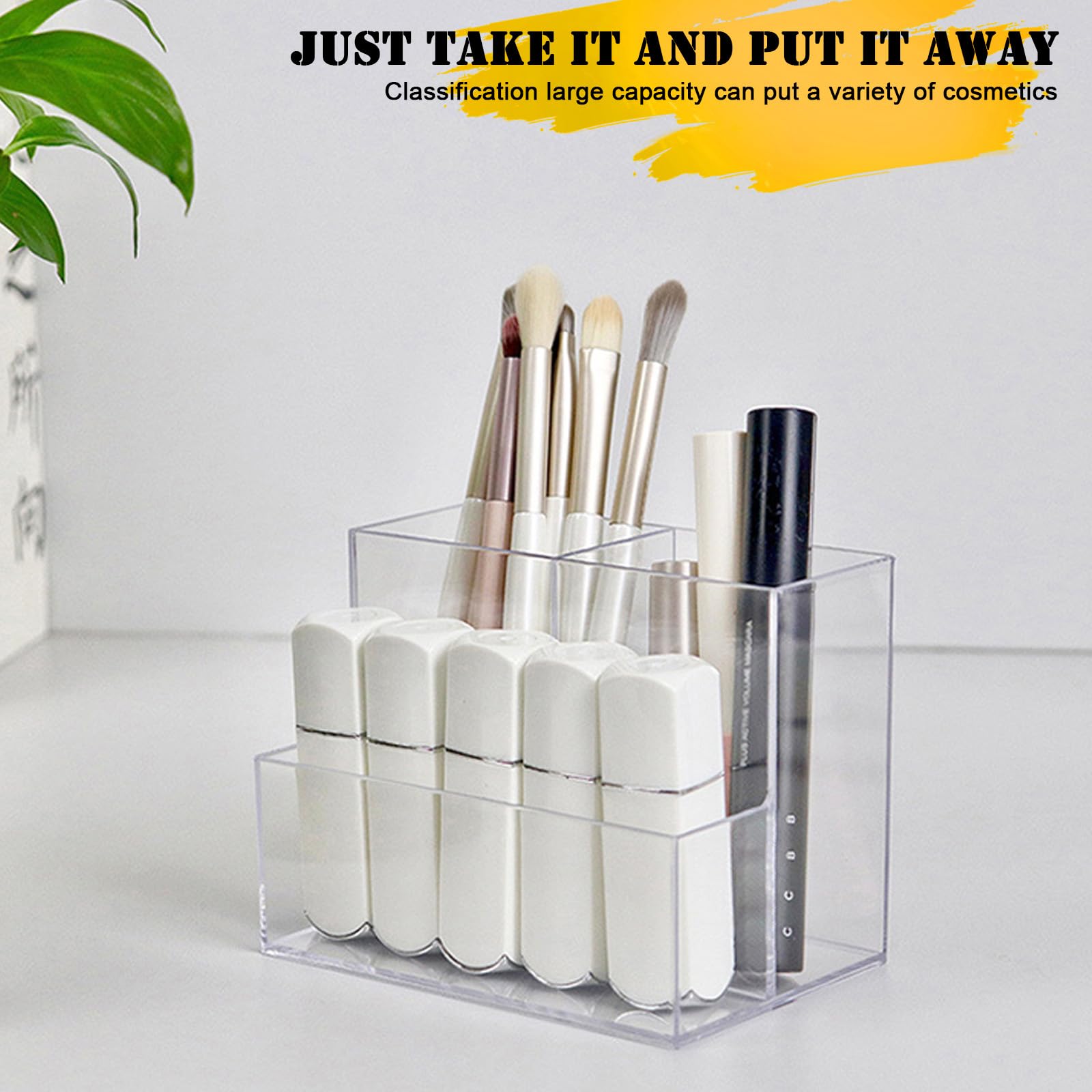 Cerpourt desk organizer in clear acrylic showcases brushes and pens at a glance.