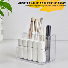 Cerpourt desk organizer in clear acrylic showcases brushes and pens at a glance.