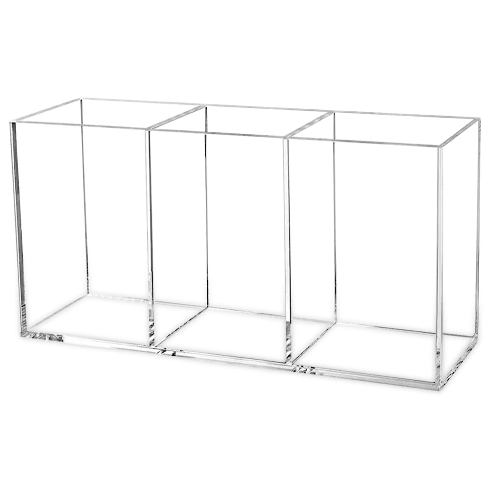 Cerpourt clear makeup brush organizer front view with three compartments for brushes.