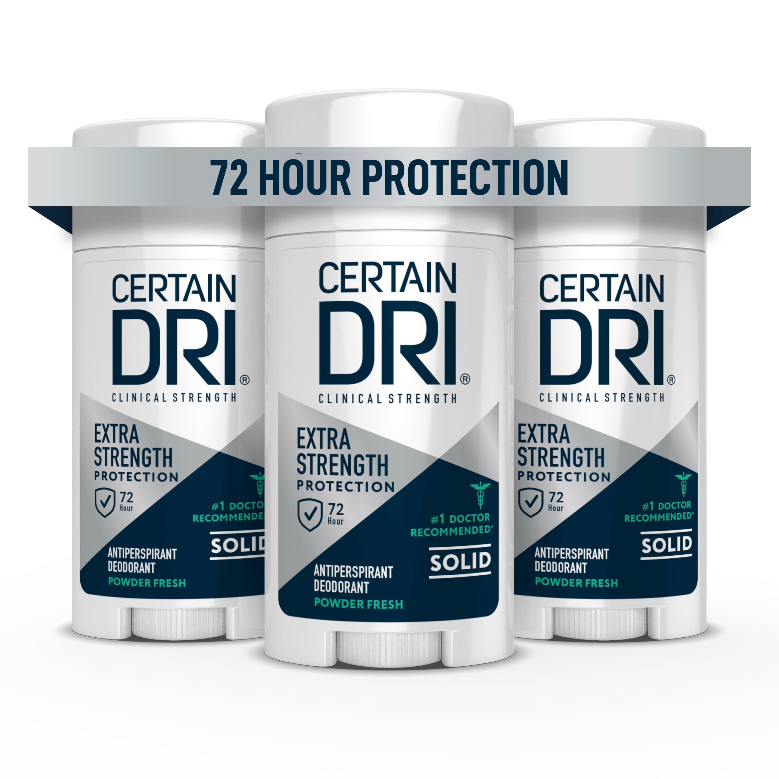Certain Dri Extra Strength Clinical bottle close-up with powder-fresh scent for all-day odor protection.