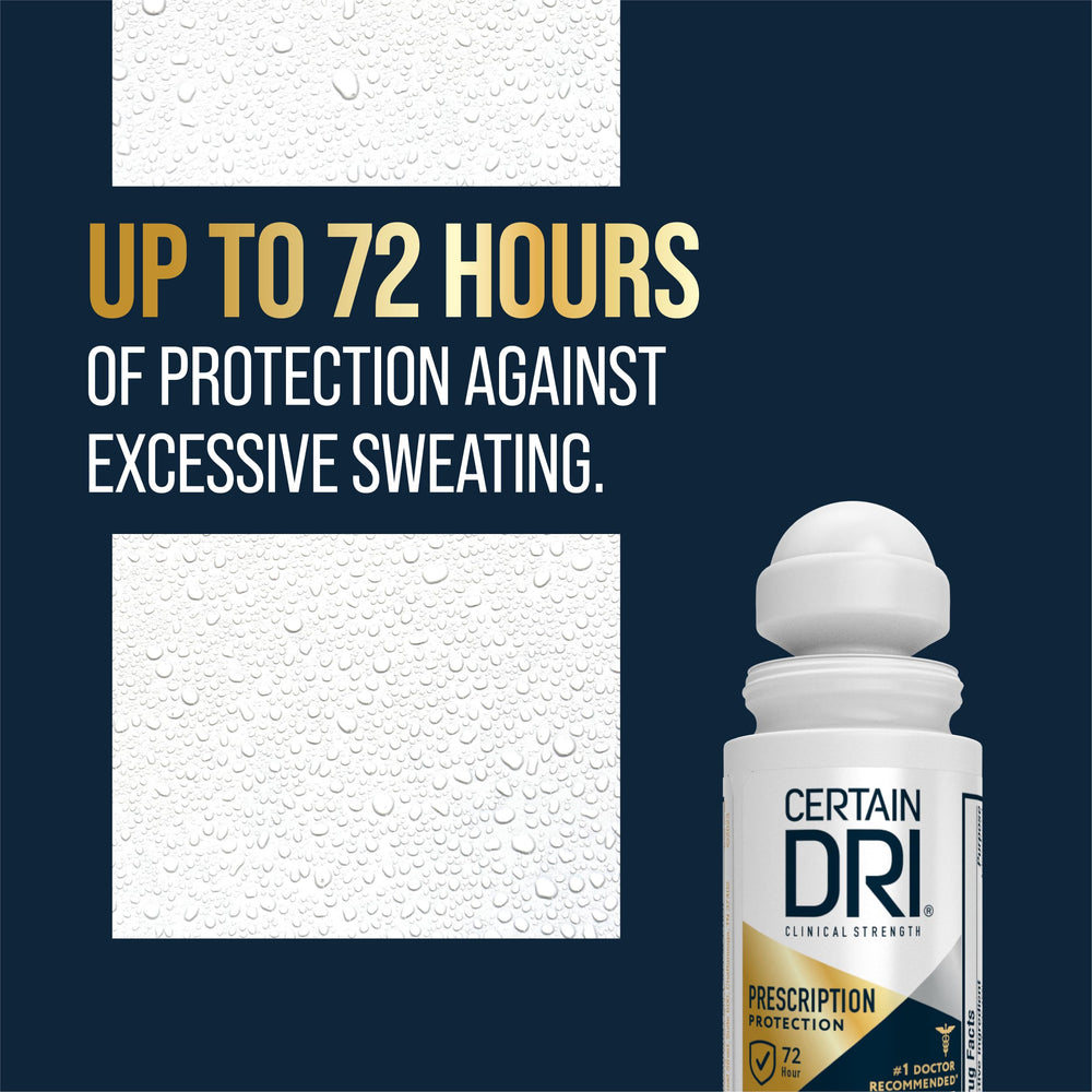 Certain Dri prescription-strength label highlights 15% aluminum chloride for strong protection.