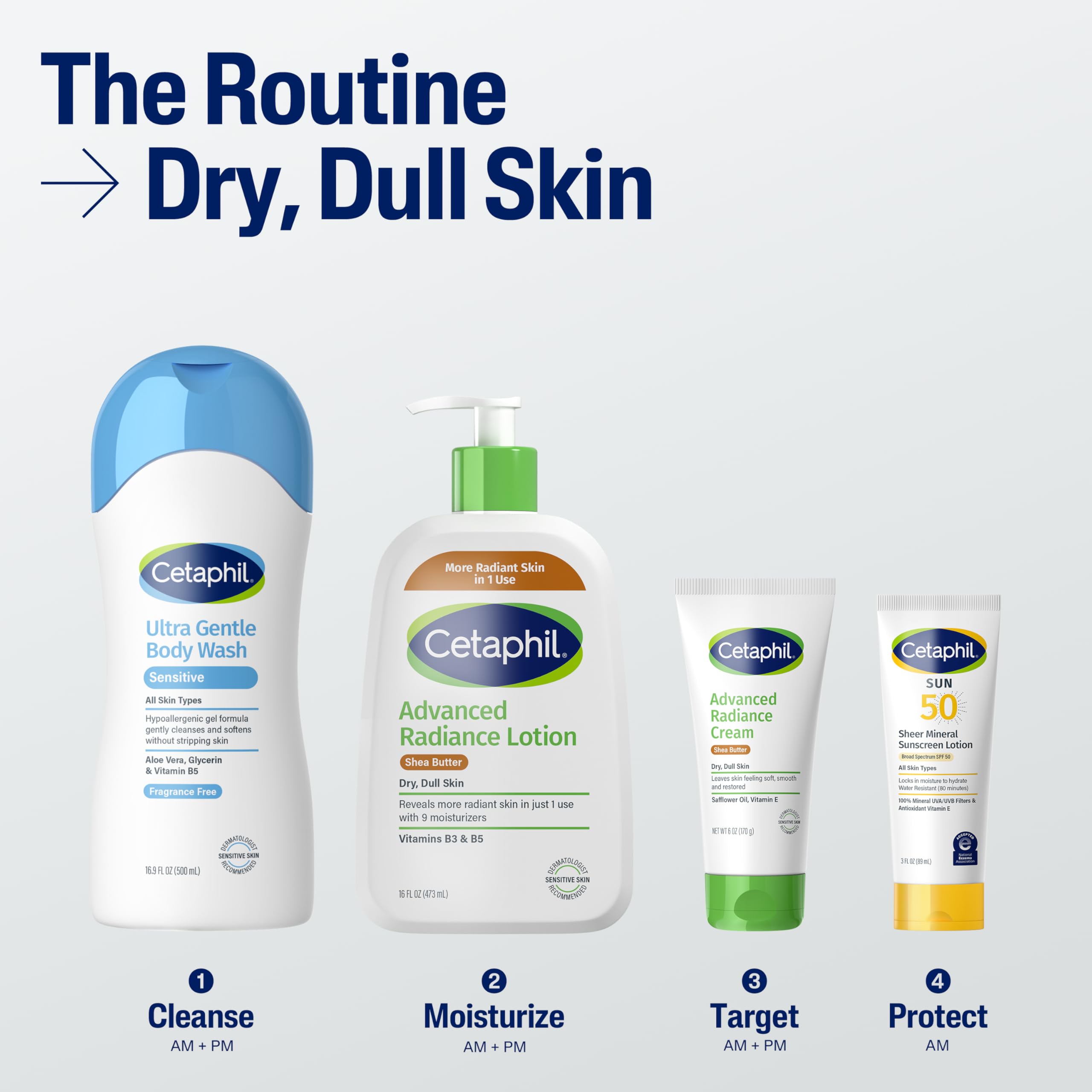 Cetaphil Advanced Radiance Piel Sensible, adecuada para piel sensible y sin fragancia.