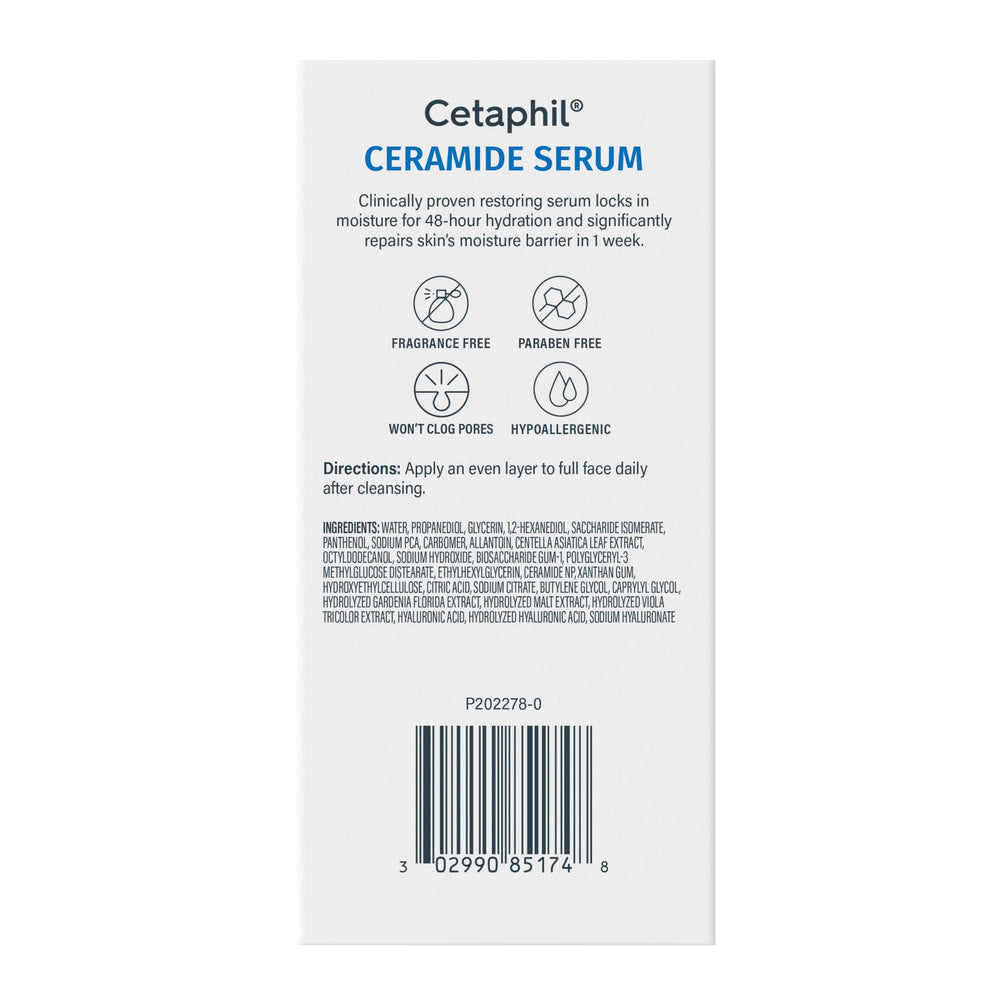 Fragrance-free Cetaphil Ceramide Serum card emphasizing gentle formula