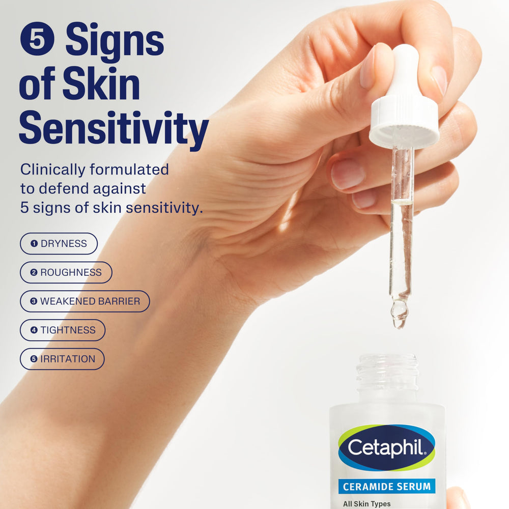 Label close-up of Cetaphil Ceramide Serum highlighting fragrance-free formula for sensitive skin