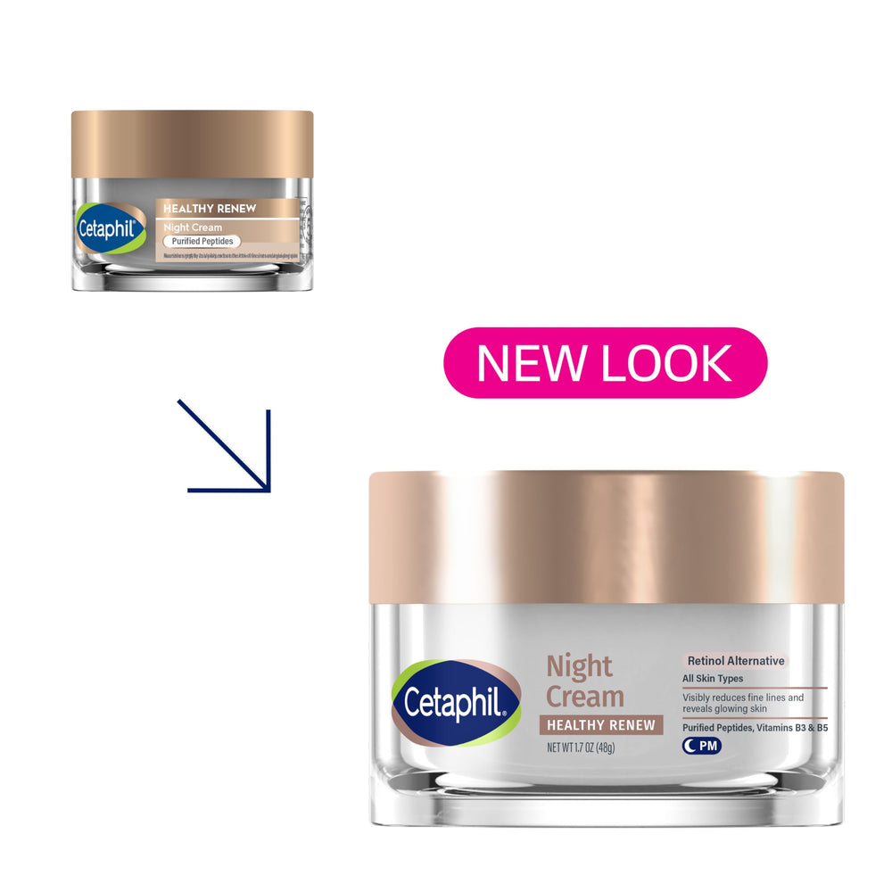 Textura cremosa de Cetaphil Night Cream lista para hidratación nocturna.