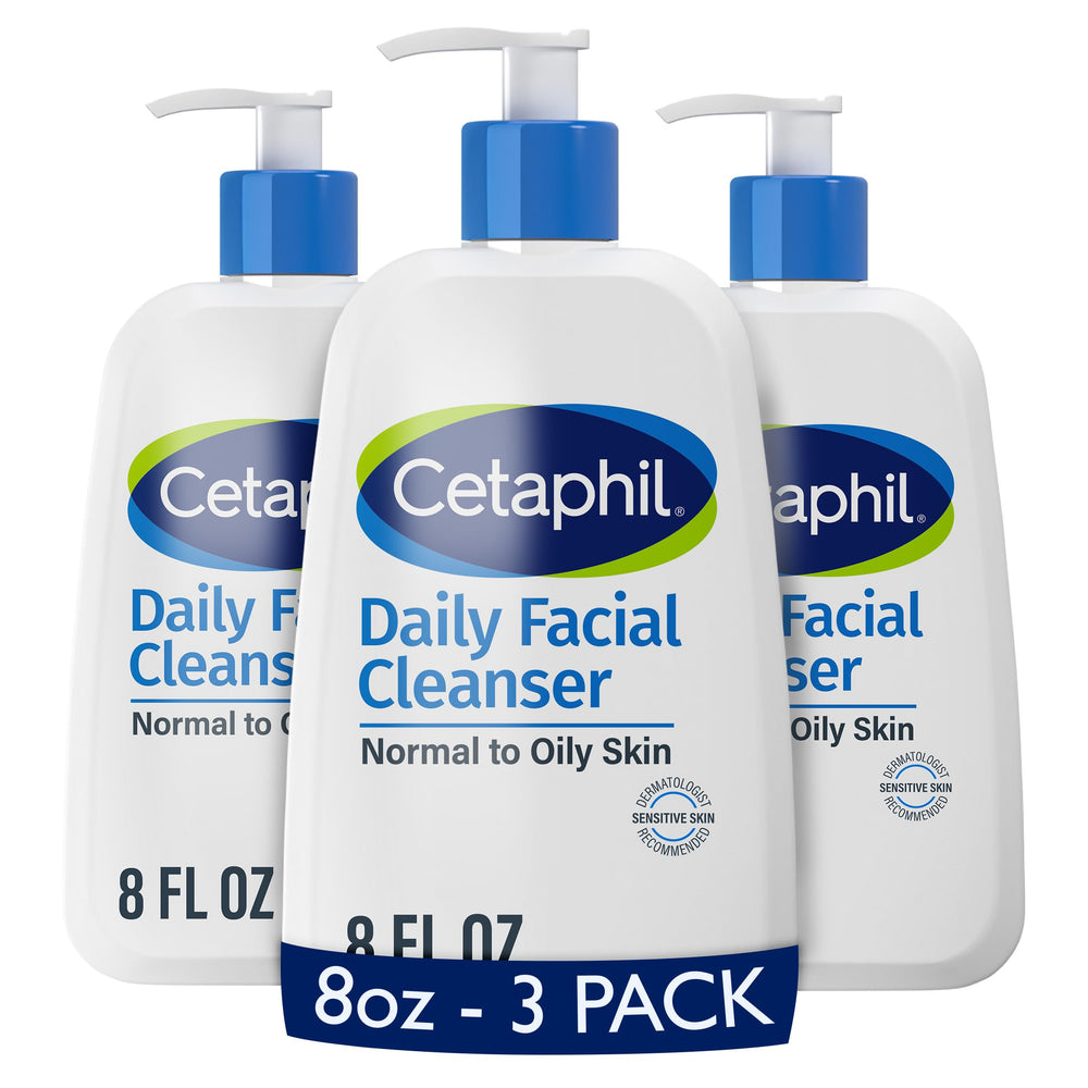 Cetaphil Daily Facial Cleanser bottle shown for gentle daily cleansing on sensitive skin.