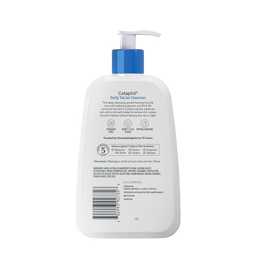 Hypoallergenic Cetaphil formula is free from parabens and sulfates for sensitive skin.
