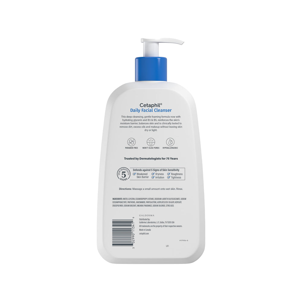 Cetaphil Daily Facial Cleanser apto para piel sensible y barrera cutánea protegida.