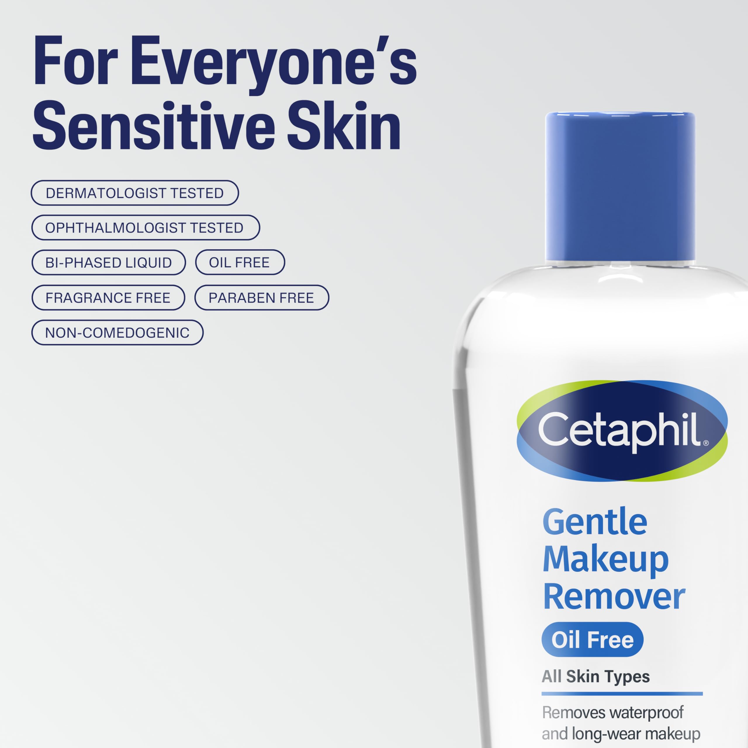 Cetaphil desmaquillante bifásico hipoalergénico, adecuado para piel sensible.