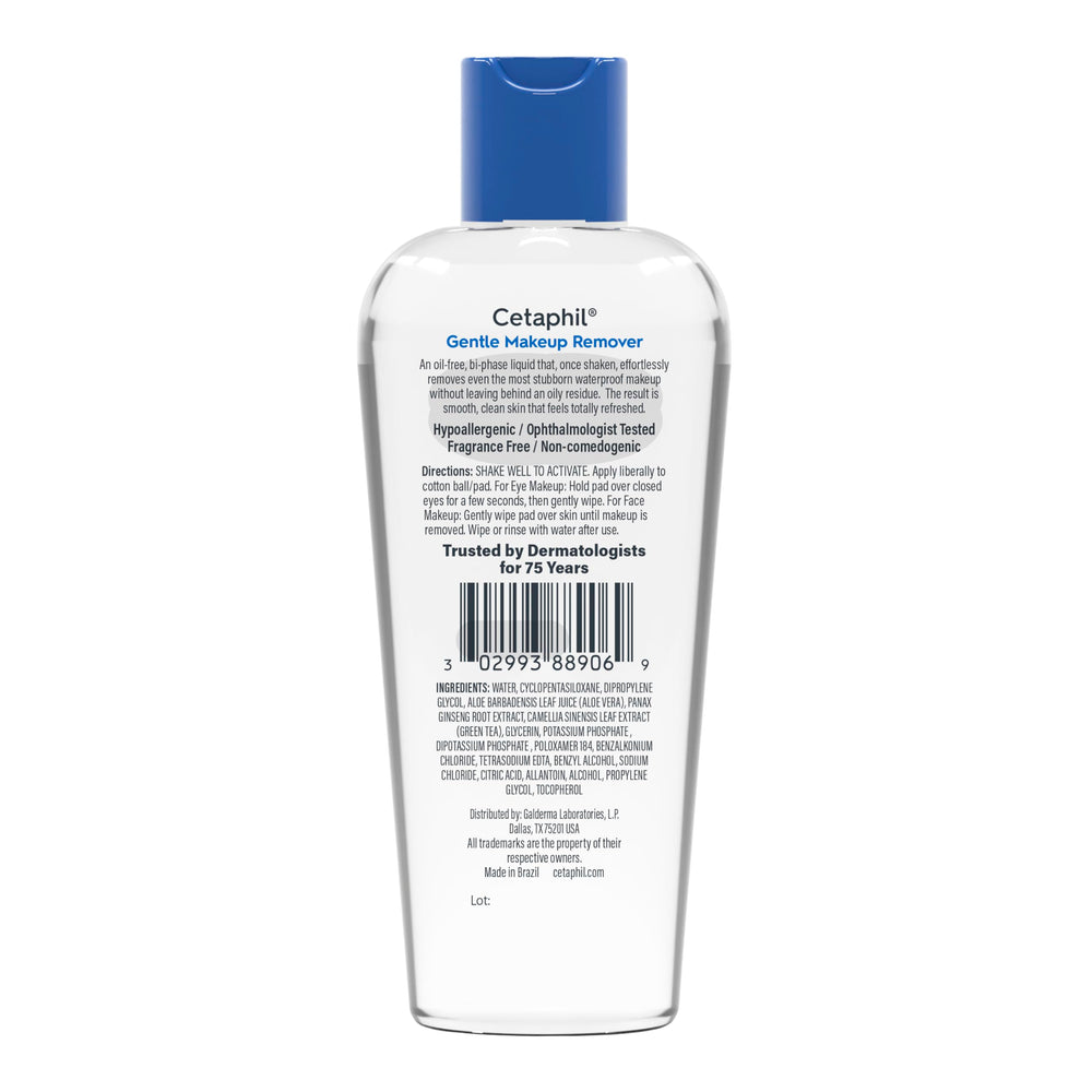 Cetaphil desmaquillante bifásico para piel sensible, uso diario suave y seguro.