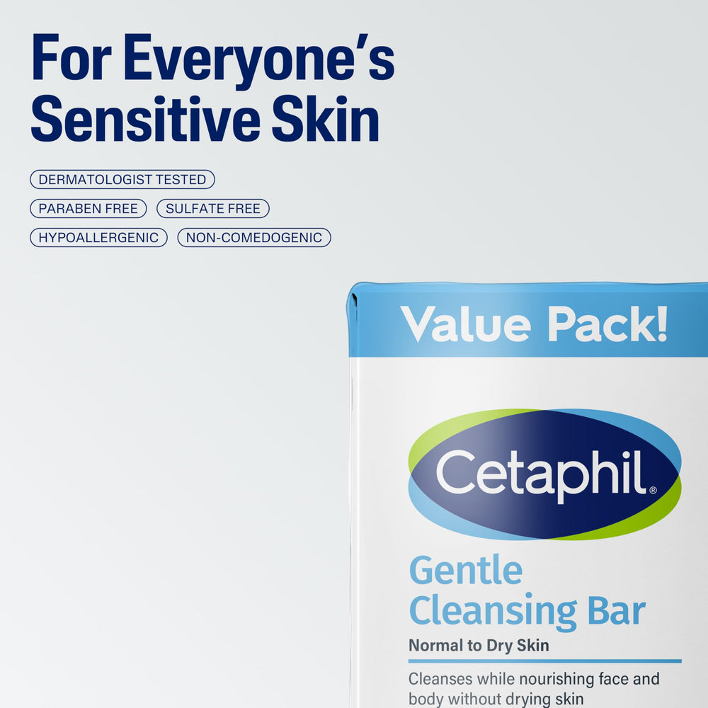 Cetaphil Gentle Cleansing Bar – safe for face and body cleansing, non-comedogenic.