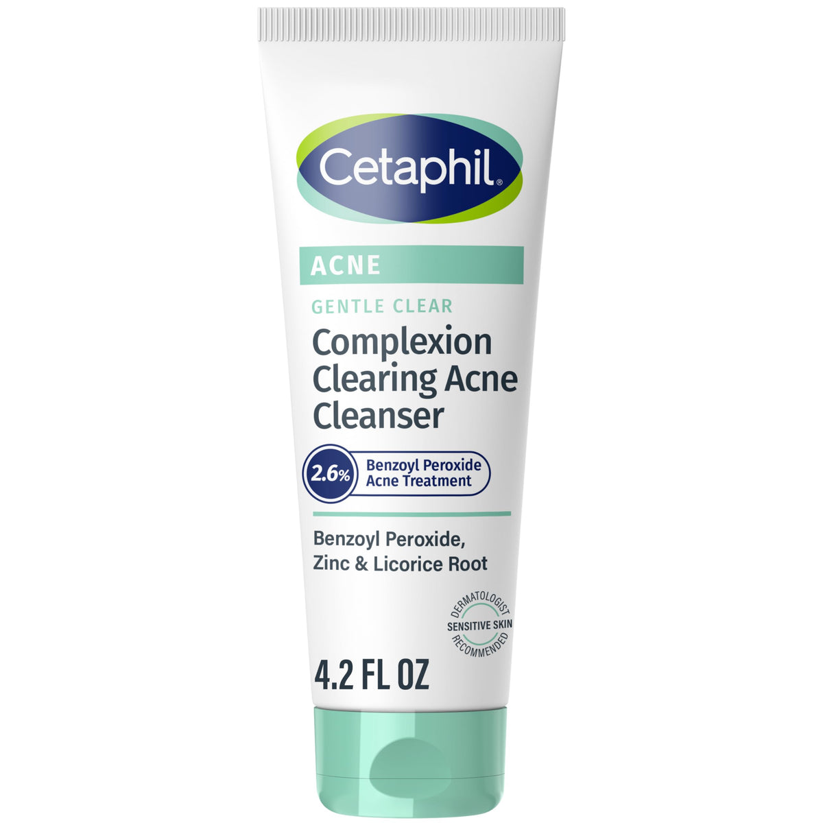 Cetaphil Gentle Clear cleanser bottle shows a gentle formula for sensitive, acne-prone skin