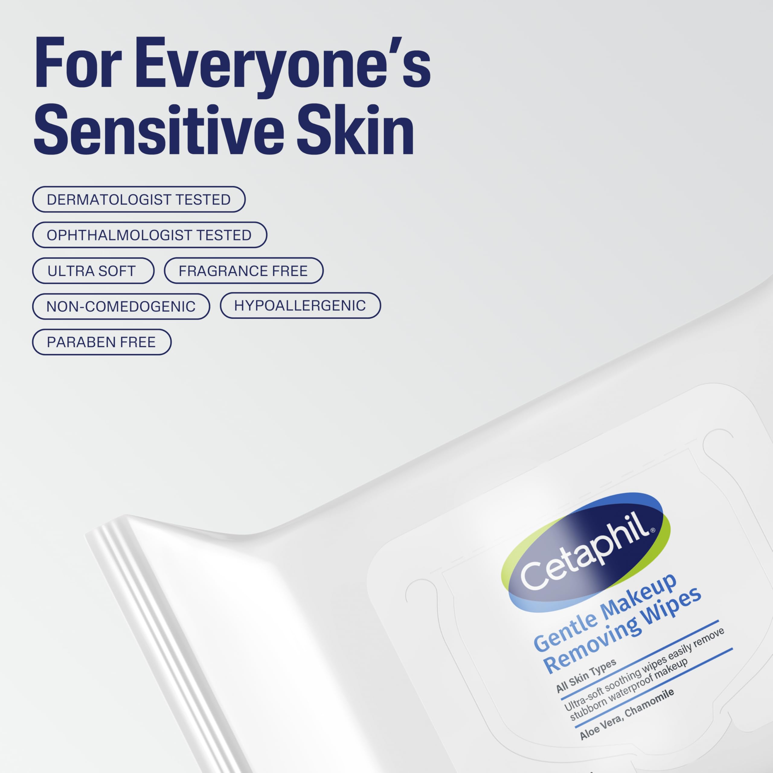 Cetaphil unscented wipes for makeup removal and gentle cleansing.