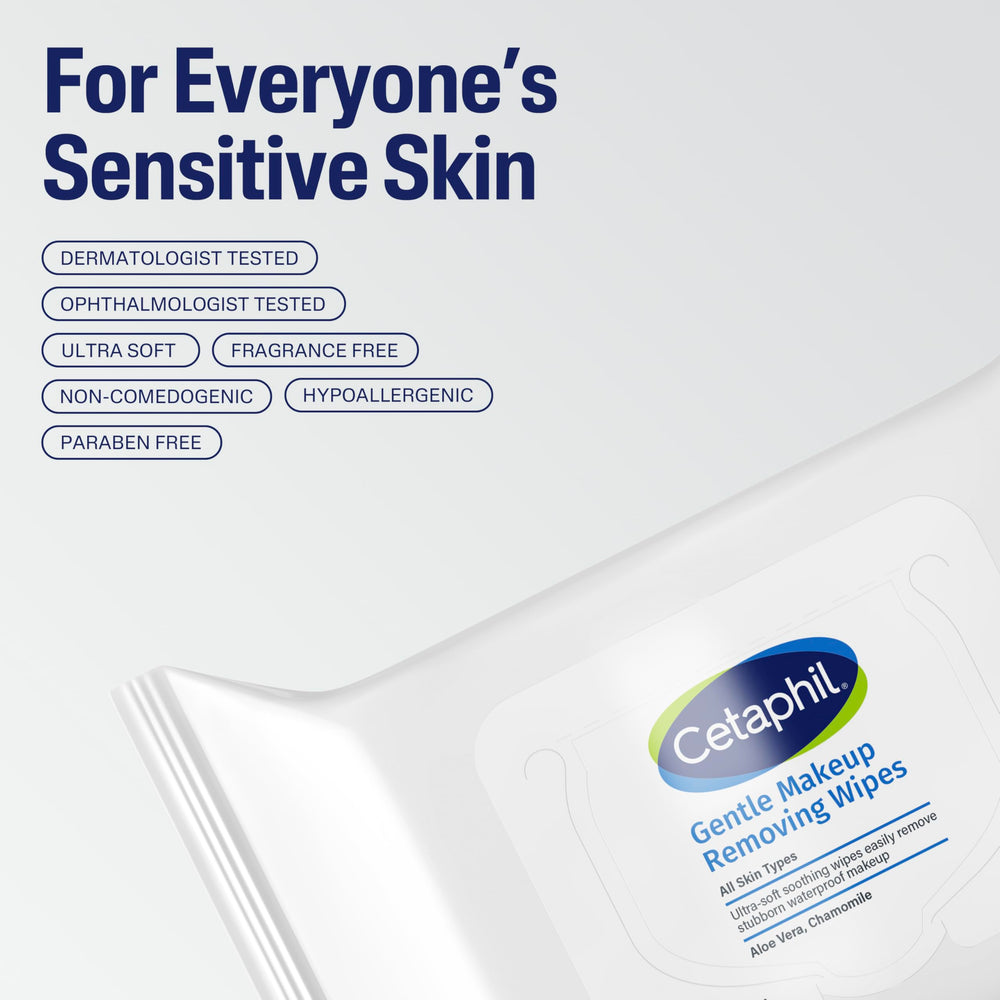 Cetaphil unscented wipes for makeup removal and gentle cleansing.